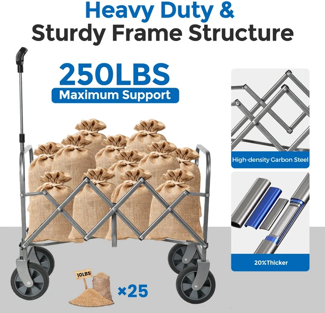 Alt view image 5 of 7 - Foldable Wagon Cart with Wheels, Heavy Duty Collapsible Wagon Lightweight Utility Cart with Adjustable Handle All