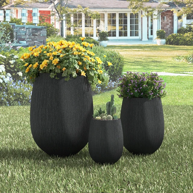 Main image of Egg Shaped Lightweight Outdoor Planter Set, Textured Flower Pots with Drainage Holes and Rubber Plug Suitable for Patio