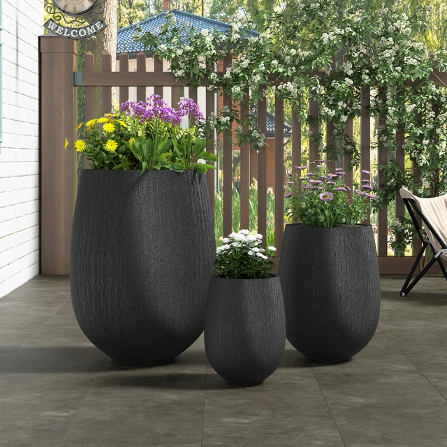 Alt view image 2 of 7 - Egg Shaped Lightweight Outdoor Planter Set, Textured Flower Pots with Drainage Holes and Rubber Plug Suitable for Patio