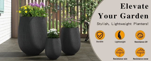 Alt view image 3 of 7 - Egg Shaped Lightweight Outdoor Planter Set, Textured Flower Pots with Drainage Holes and Rubber Plug Suitable for Patio