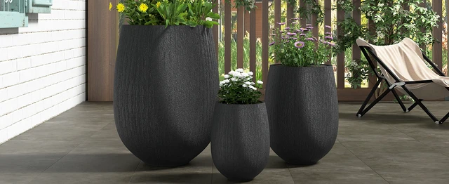 Alt view image 4 of 7 - Egg Shaped Lightweight Outdoor Planter Set, Textured Flower Pots with Drainage Holes and Rubber Plug Suitable for Patio