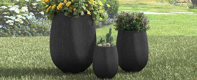 Alt view image 5 of 7 - Egg Shaped Lightweight Outdoor Planter Set, Textured Flower Pots with Drainage Holes and Rubber Plug Suitable for Patio