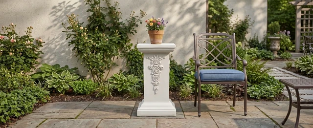 Alt view image 4 of 7 - 22.44 Inch Ornate Floral Pedestal Plant Stand, White Finish Decorative Column Side Table for Indoor Outdoor Assembly