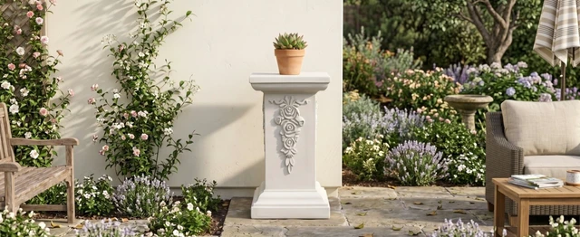 Alt view image 5 of 7 - 22.44 Inch Ornate Floral Pedestal Plant Stand, White Finish Decorative Column Side Table for Indoor Outdoor Assembly
