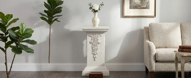 Alt view image 6 of 7 - 22.44 Inch Ornate Floral Pedestal Plant Stand, White Finish Decorative Column Side Table for Indoor Outdoor Assembly