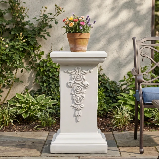 Main image of 22.44 Inch Ornate Floral Pedestal Plant Stand, White Finish Decorative Column Side Table for Indoor Outdoor Assembly
