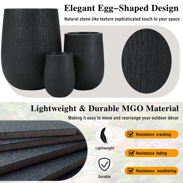 Alt view image 6 of 7 - Egg Shaped Lightweight Outdoor Planter Set, Textured Flower Pots with Drainage Holes and Rubber Plug Suitable for Patio