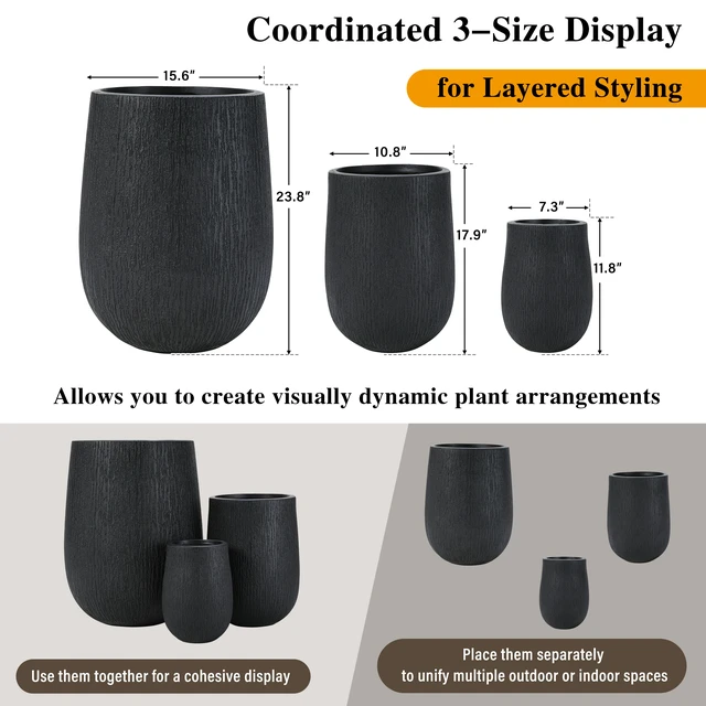 Alt view image 7 of 7 - Egg Shaped Lightweight Outdoor Planter Set, Textured Flower Pots with Drainage Holes and Rubber Plug Suitable for Patio