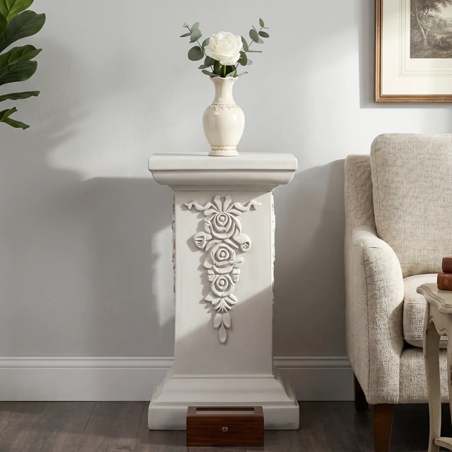 Alt view image 3 of 7 - 22.44 Inch Ornate Floral Pedestal Plant Stand, White Finish Decorative Column Side Table for Indoor Outdoor Assembly