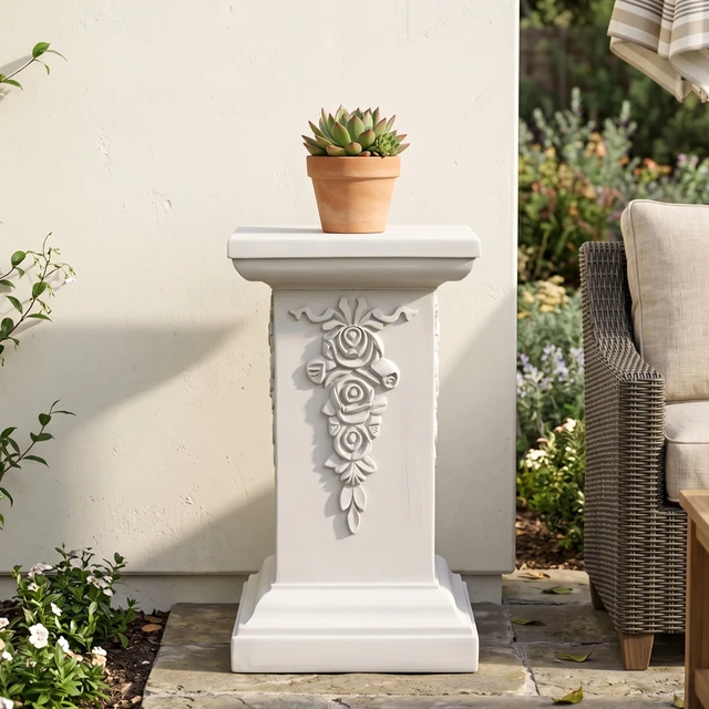 Alt view image 2 of 7 - 22.44 Inch Ornate Floral Pedestal Plant Stand, White Finish Decorative Column Side Table for Indoor Outdoor Assembly