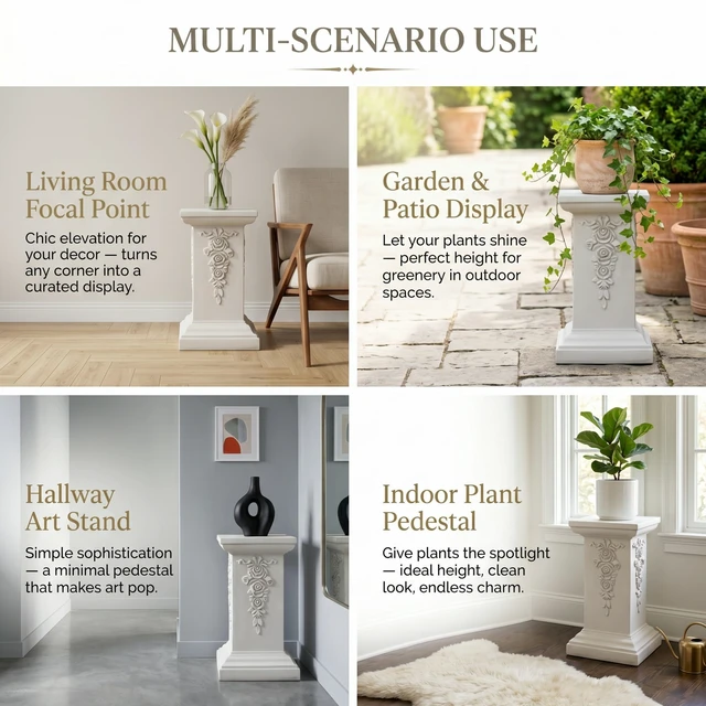 Alt view image 7 of 7 - 22.44 Inch Ornate Floral Pedestal Plant Stand, White Finish Decorative Column Side Table for Indoor Outdoor Assembly
