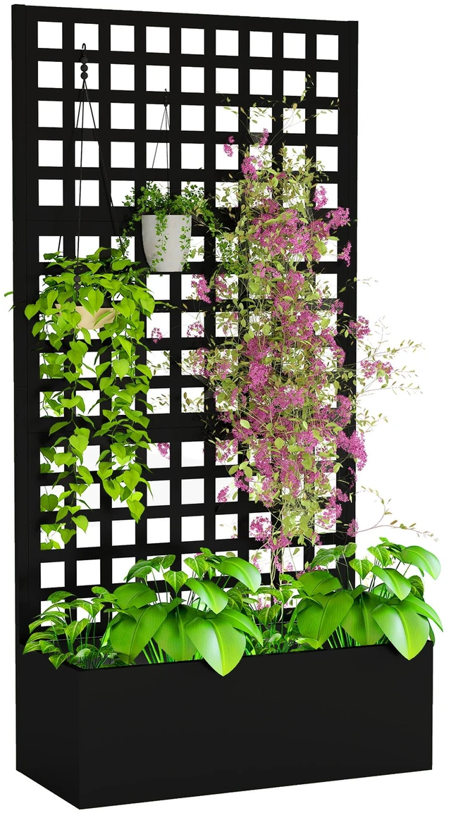 Main image of Galvanized Raised Garden Bed with Trellis, Metal Planter Box with Drainage Holes Outdoor Privacy Screen for Climbing