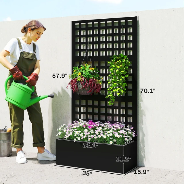 Alt view image 7 of 7 - Galvanized Raised Garden Bed with Trellis, Metal Planter Box with Drainage Holes Outdoor Privacy Screen for Climbing