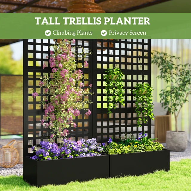 Alt view image 5 of 7 - Galvanized Raised Garden Bed with Trellis, Metal Planter Box with Drainage Holes Outdoor Privacy Screen for Climbing