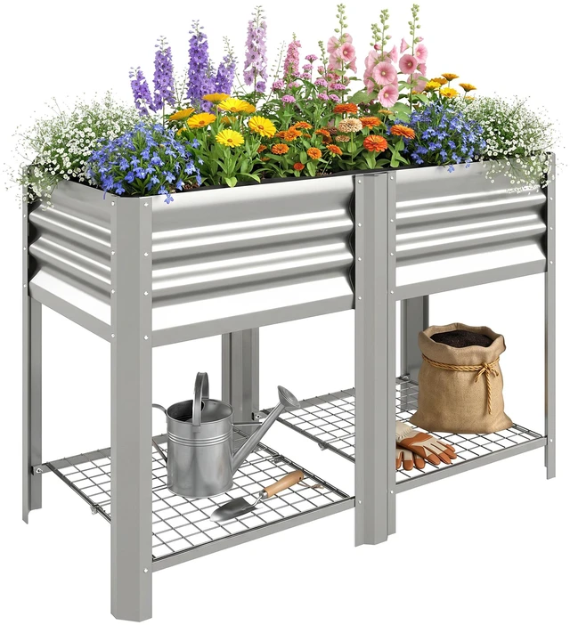Main image of Galvanized Steel Raised Garden Bed with Storage Shelf and Bed Liner, Elevated Planter Box with Legs for Flowers