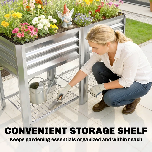 Alt view image 3 of 7 - Galvanized Steel Raised Garden Bed with Storage Shelf and Bed Liner, Elevated Planter Box with Legs for Flowers
