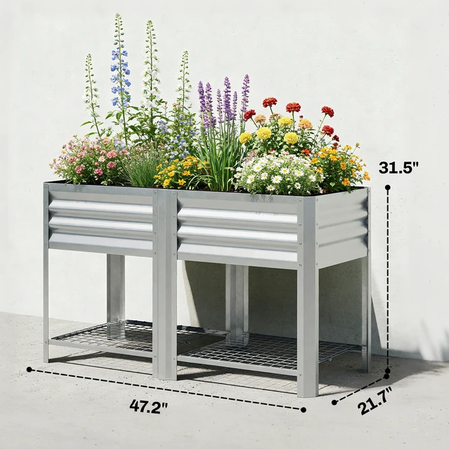 Alt view image 7 of 7 - Galvanized Steel Raised Garden Bed with Storage Shelf and Bed Liner, Elevated Planter Box with Legs for Flowers