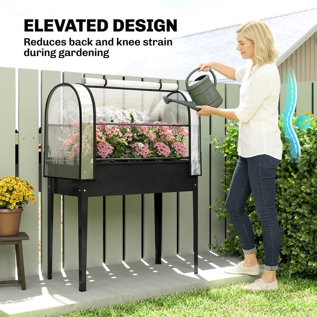Alt view image 4 of 7 - Raised Garden Bed with Flip Greenhouse Cover, Metal Elevated Garden Bed with Legs and Drainage Hole Outdoor Raised