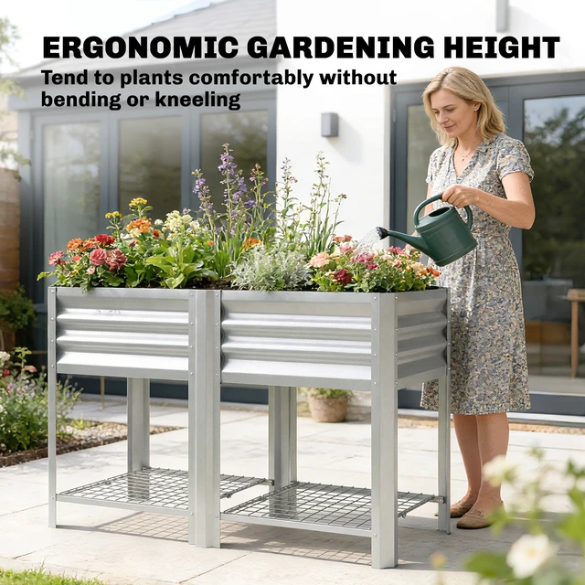 Alt view image 4 of 7 - Galvanized Steel Raised Garden Bed with Storage Shelf and Bed Liner, Elevated Planter Box with Legs for Flowers
