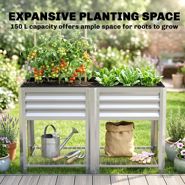 Alt view image 5 of 7 - Galvanized Steel Raised Garden Bed with Storage Shelf and Bed Liner, Elevated Planter Box with Legs for Flowers
