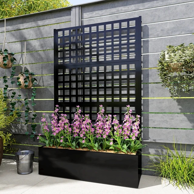 Alt view image 2 of 7 - Galvanized Raised Garden Bed with Trellis, Metal Planter Box with Drainage Holes Outdoor Privacy Screen for Climbing