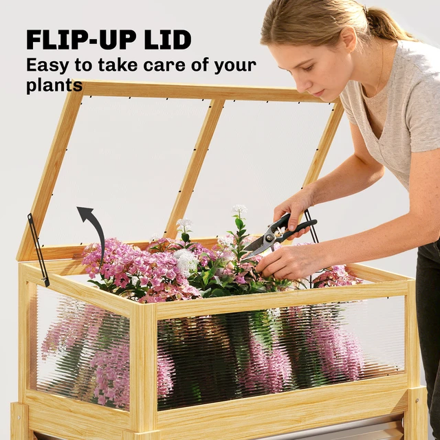 Alt view image 5 of 7 - Wooden Raised Garden Bed with Flip Greenhouse Top, Raised Garden Bed with Legs and Liner Elevated Planter Box