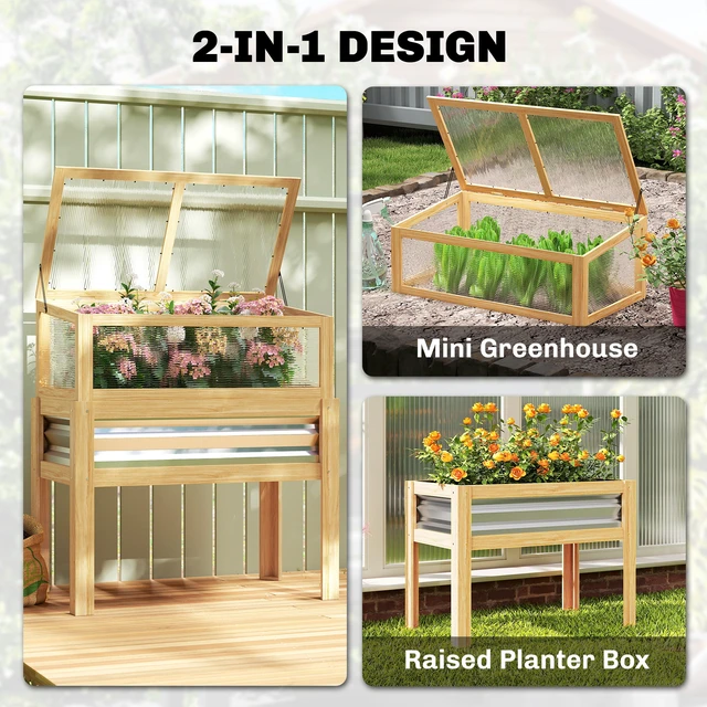 Alt view image 6 of 7 - Wooden Raised Garden Bed with Flip Greenhouse Top, Raised Garden Bed with Legs and Liner Elevated Planter Box