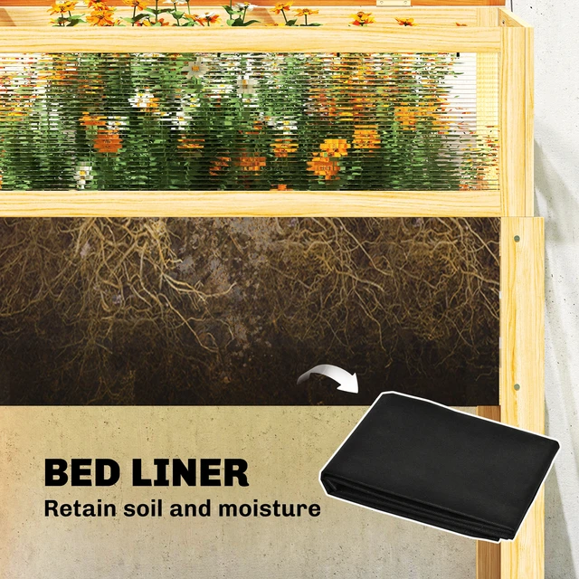 Alt view image 3 of 7 - Wooden Raised Garden Bed with Flip Greenhouse Top, Raised Garden Bed with Legs and Liner Elevated Planter Box
