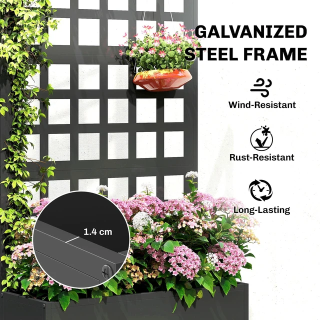Alt view image 6 of 7 - Galvanized Raised Garden Bed with Trellis, Metal Planter Box with Drainage Holes Outdoor Privacy Screen for Climbing