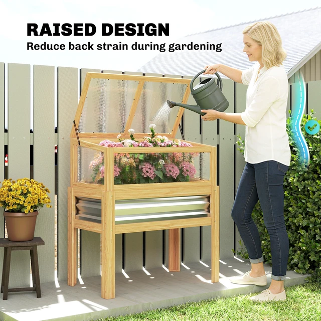 Alt view image 4 of 7 - Wooden Raised Garden Bed with Flip Greenhouse Top, Raised Garden Bed with Legs and Liner Elevated Planter Box