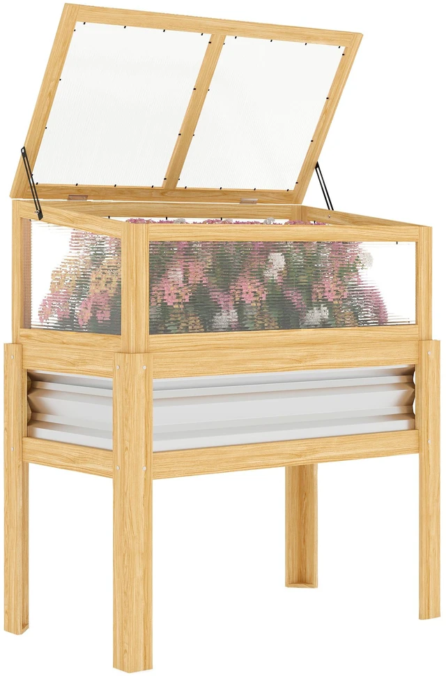 Main image of Wooden Raised Garden Bed with Flip Greenhouse Top, Raised Garden Bed with Legs and Liner Elevated Planter Box