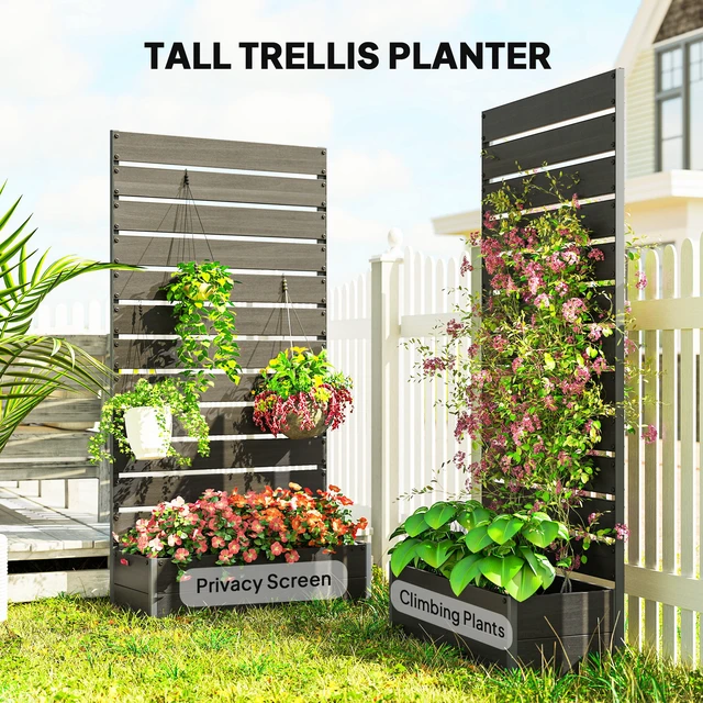 Alt view image 4 of 7 - Raised Garden Bed with Trellis for Climbing Plants, Planter Box with Self Draining Gap Freestanding Trellis Planter