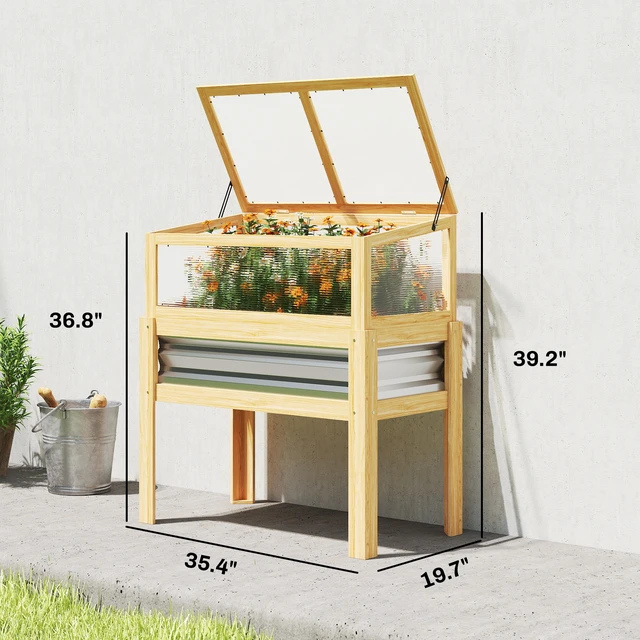 Alt view image 7 of 7 - Wooden Raised Garden Bed with Flip Greenhouse Top, Raised Garden Bed with Legs and Liner Elevated Planter Box