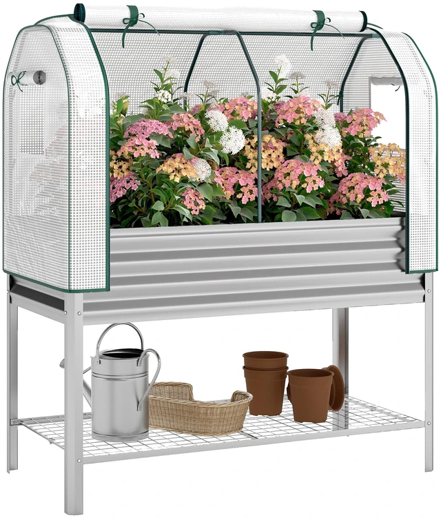 Main image of Galvanised Raised Garden Bed with Greenhouse Cover, Metal Elevated Garden Bed with Legs Liner and Bottom Shelf Outdoor