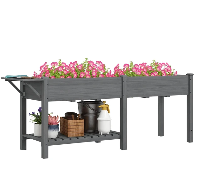 Main image of Raised Garden Bed, Elevated Planter Box with Side Table Bottom Shelf Outdoor Raised Planter with Bed Liners Drainage