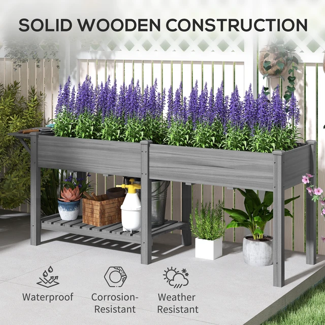 Alt view image 2 of 7 - Raised Garden Bed, Elevated Planter Box with Side Table Bottom Shelf Outdoor Raised Planter with Bed Liners Drainage