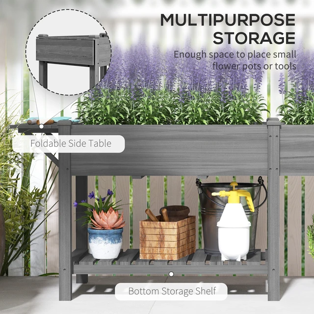 Alt view image 5 of 7 - Raised Garden Bed, Elevated Planter Box with Side Table Bottom Shelf Outdoor Raised Planter with Bed Liners Drainage