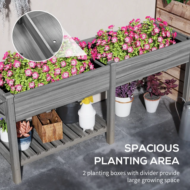 Alt view image 6 of 7 - Raised Garden Bed, Elevated Planter Box with Side Table Bottom Shelf Outdoor Raised Planter with Bed Liners Drainage