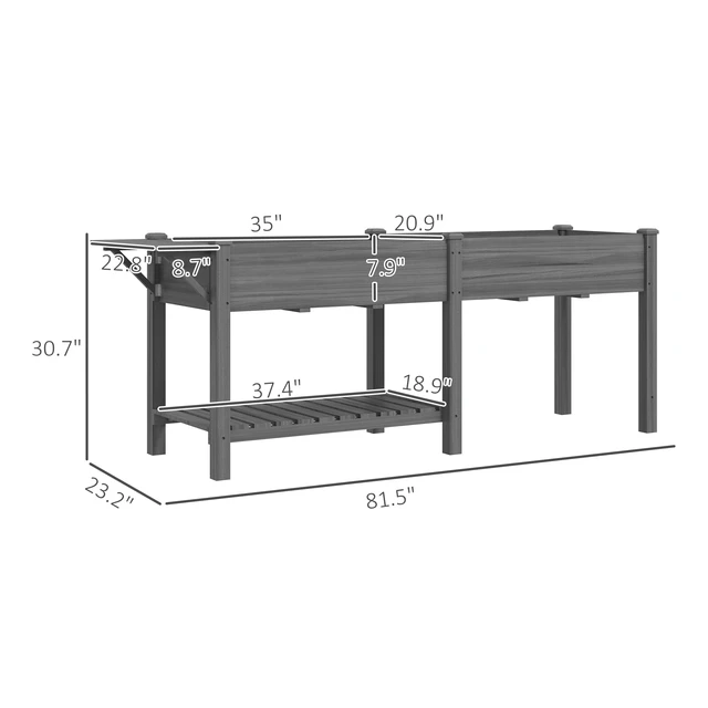 Alt view image 7 of 7 - Raised Garden Bed, Elevated Planter Box with Side Table Bottom Shelf Outdoor Raised Planter with Bed Liners Drainage
