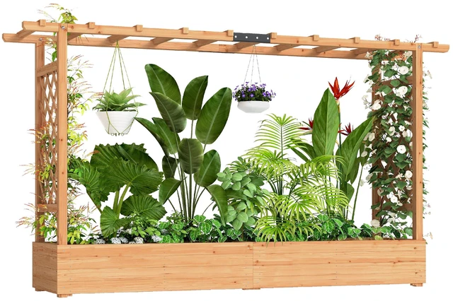 Main image of Raised Garden Bed with Trellis, Wooden Planter Box with Hanging Roof and Drainage Holes Outdoor Trellis Planter