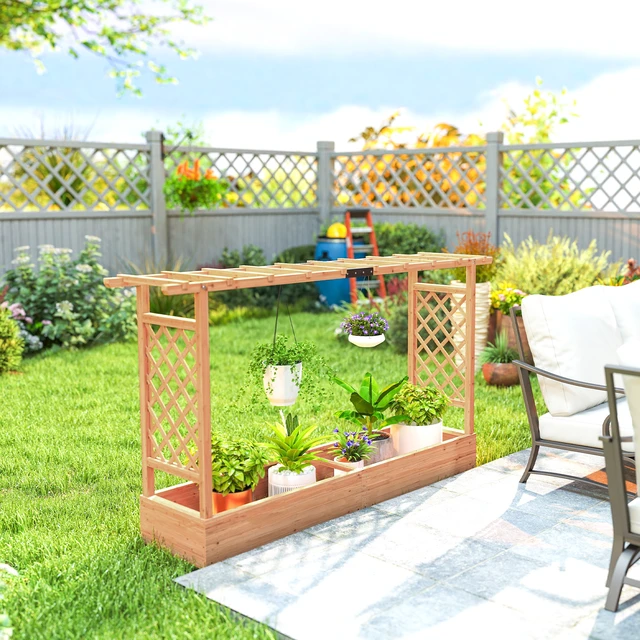 Alt view image 2 of 7 - Raised Garden Bed with Trellis, Wooden Planter Box with Hanging Roof and Drainage Holes Outdoor Trellis Planter