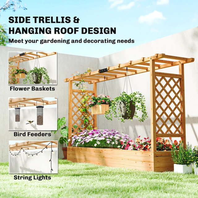 Alt view image 5 of 7 - Raised Garden Bed with Trellis, Wooden Planter Box with Hanging Roof and Drainage Holes Outdoor Trellis Planter