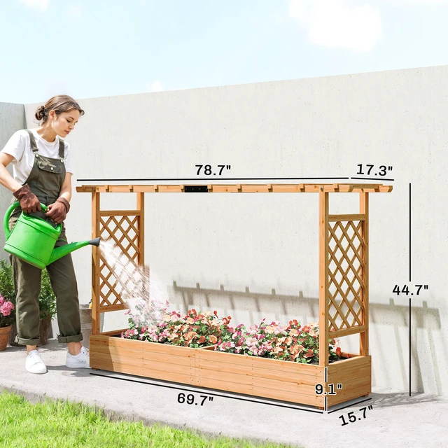 Alt view image 7 of 7 - Raised Garden Bed with Trellis, Wooden Planter Box with Hanging Roof and Drainage Holes Outdoor Trellis Planter