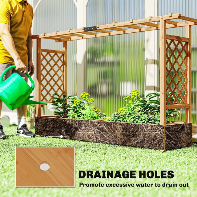 Alt view image 4 of 7 - Raised Garden Bed with Trellis, Wooden Planter Box with Hanging Roof and Drainage Holes Outdoor Trellis Planter
