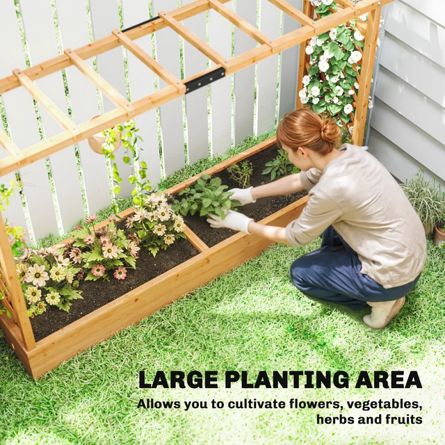 Alt view image 6 of 7 - Raised Garden Bed with Trellis, Wooden Planter Box with Hanging Roof and Drainage Holes Outdoor Trellis Planter