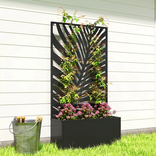 Alt view image 3 of 7 - Metal Raised Garden Bed with Trellis for Climbing Plants, Freestanding Wall Mounted Flower Bed with Privacy Panel Large