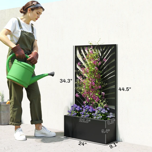 Alt view image 2 of 7 - Metal Raised Garden Bed with Trellis for Climbing Plants, Freestanding Wall Mounted Flower Bed with Privacy Panel Large
