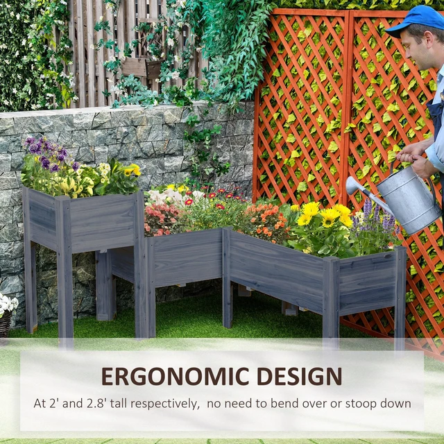 Alt view image 5 of 7 - Raised Garden Bed Set, Wooden Elevated Planter Box with Legs and Bed Liner for and Patio Grow Vegetables Herbs
