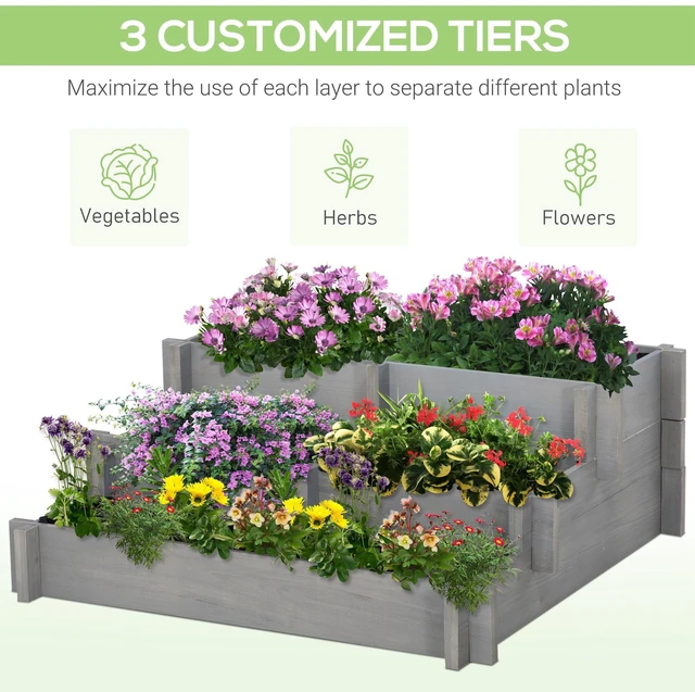 Alt view image 6 of 7 - 3 Tier Raised Garden Bed with 5 Compartments and Bed Liner, Fir Elevated Planter Box for Vegetables Herbs Outdoor