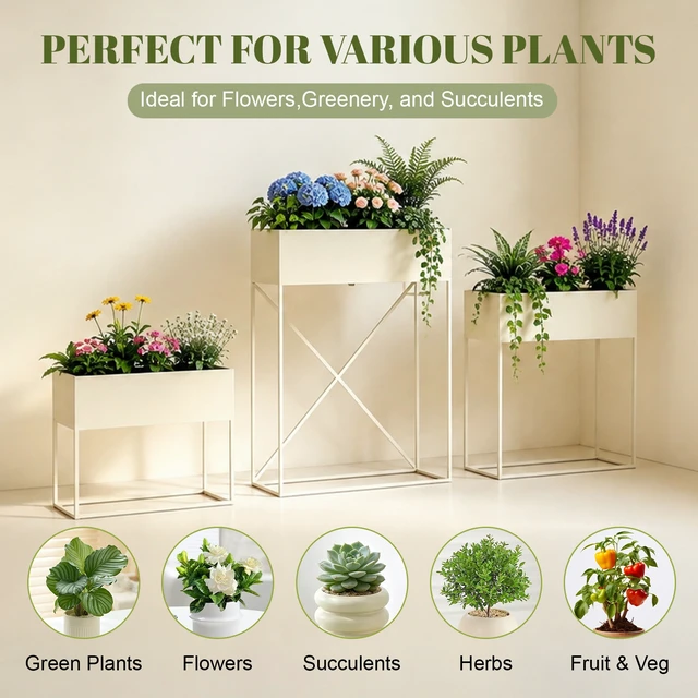 Alt view image 4 of 7 - Pack Pre Assembled Beige Metal Elevated Planter Stand with Non Woven Liner, Resistant Rectangular Raised Herb Flower